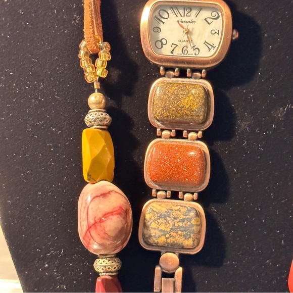 ladies Versales watch & necklace antique, natural polished rocks inlay in copper - Picture 8 of 14